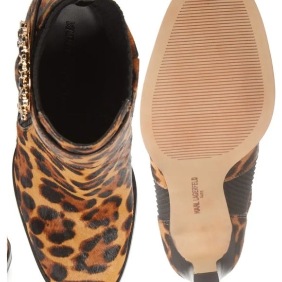 Karl Lagerfeld Vania Calf Hair Rhinestone Ankle Boots Animal High Heel Leopard - Picture 8 of 10